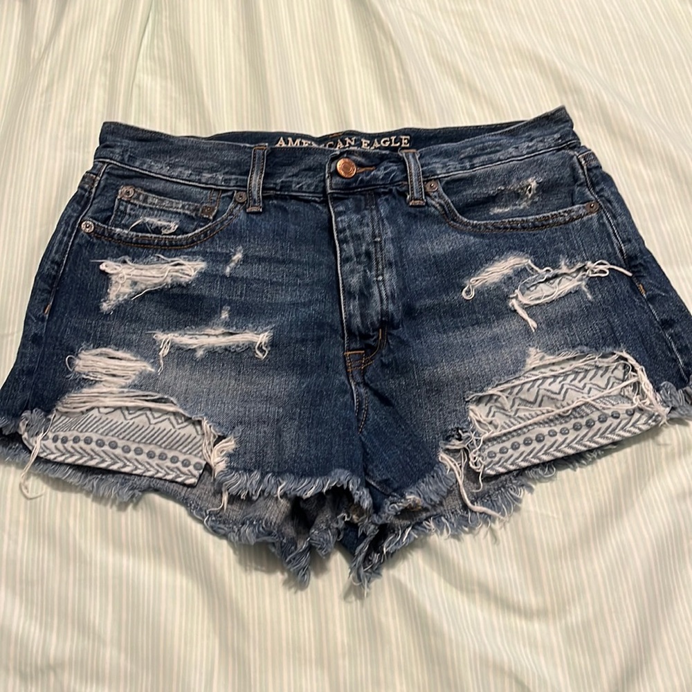 Dark wash distressed jean shorts
